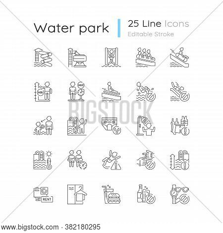 Water Park Linear Icons Set. Aquatic Play Area Customizable Thin Line Contour Symbols. Safety Rules 