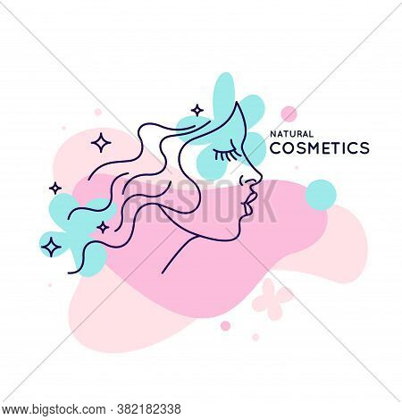 Illustration For Natural Cosmetics. Image Of The Girls Head. Conceptual Line Graphics. Vector Sign.