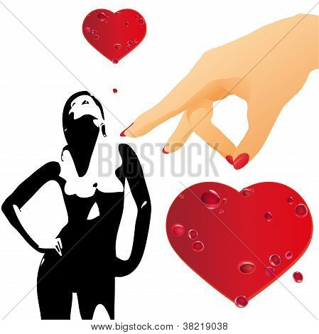 Woman's Arm og nøgen figur med røde hjerter.