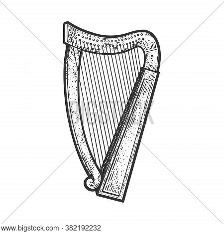Harp Stringed Musical Instrument Sketch Engraving Vector Illustration. T-shirt Apparel Print Design.