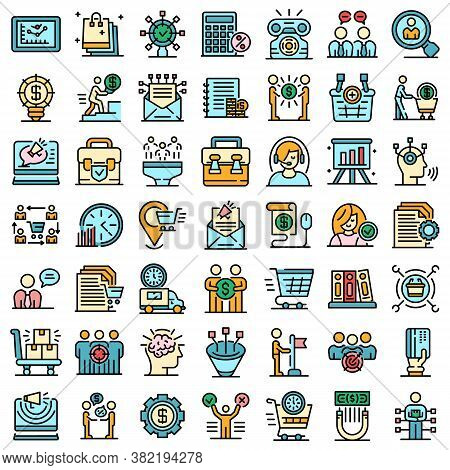 Purchasing Manager Icons Set. Outline Set Of Purchasing Manager Vector Icons Thin Line Color Flat On