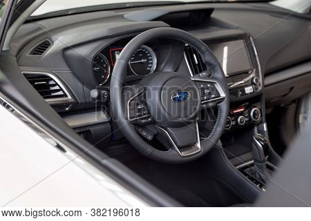 Russia, Izhevsk - August 13, 2020: Subaru Showroom. Interior Of New Modern Car Subaru Forester. Famo