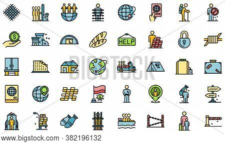 Illegal Immigrants Icons Set. Outline Set Of Illegal Immigrants Vector Icons Thin Line Color Flat On