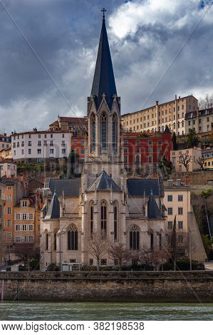 The Old Medieval Stone Church Of St. George On The Banks Of The Sona River. Lyon. France.