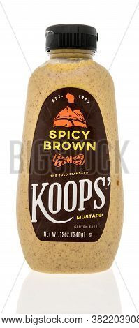 Winneconne , Wi - 9 August 2020:  A Bottle Of Koops Spicy Brown Mustard On An Isolated Background.