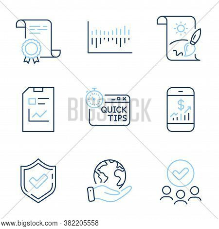 Quick Tips, Confirmed And Column Diagram Line Icons Set. Diploma Certificate, Save Planet, Group Of 