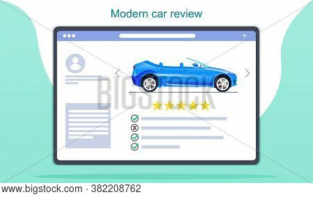 Online Modern Car Review On Digital Device Showing A Five Star Rating, Colored Vector Illustration. 