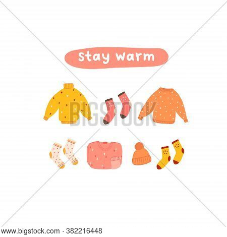 Autumn Mood Greeting Card Stay Warm With Cozy Clothes Sweater, Jumper, Hat, Socks Poster Template. W
