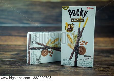 Samut Prakan, Thailand - August 24, 2020 : Glico Pocky Wholesome Biscuit Sticks Box New Flavour On W