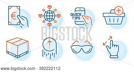 Education, Logistics Network And Finance Signs. Eyeglasses, Swipe Up And Delivery Box Line Icons Set