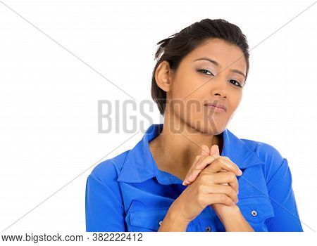 Closeup Portrait Of Sneaky, Evil, Sly, Scheming Young Woman Trying To Plot, Plan Something, Screw, H