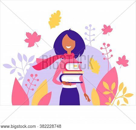 Happy girls in Autumn. Positive Student with book smiling. Beautiful Girl wearing  scarf on background of leaves. Trendy vector illustration for web, app, print.