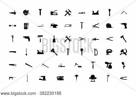 Hand Tools Black Color Set Solid Style Vector Illustration