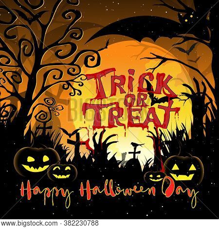 Halloween Night Background With Bat Flying, Zombie Hand On Graveyard In Scary Cemetery And Happy Hal