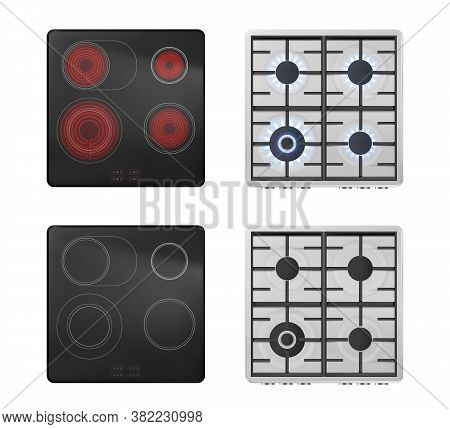 Gas And Electric Stove Top View, Turn On And Off Ovens With Blue Flame And Red Hot Ceramics Surface.