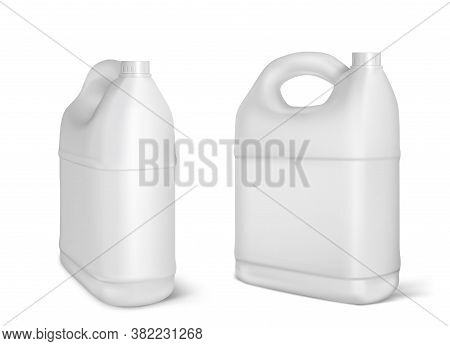 Plastic Canisters, White Jerrycan Bottles Isolated On White Background. Engine Oil, Car Lubricant Or