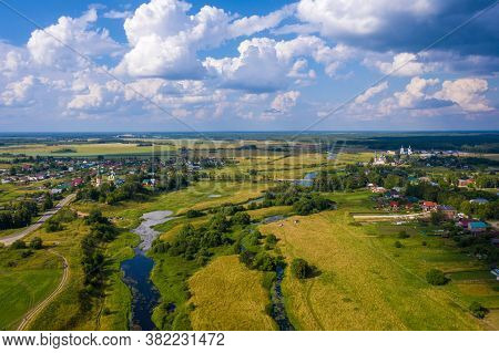 A Beautiful View Of The Villages Of Goritsy, Dunilovo And The Teza River, Ivanovo Region On A Summer