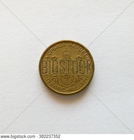 Bosnia And Herzegovina - April 27, 2020: Back Of One Dinar Coin, Rsd Symbol, Currency Of The Republi