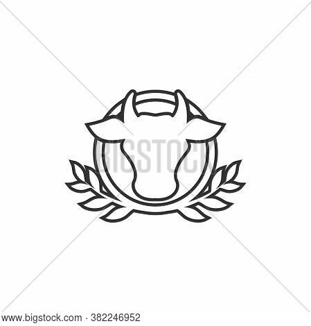 Cow Head With Leaves. Black Line Icon. Farm Animal. Beef, Milk, Lactose Symbol.