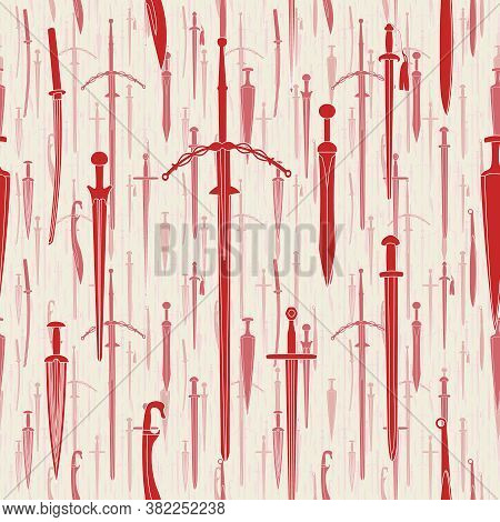 Seamless Pattern Of Evenly Spaced, Random Sized, Red On White Swords Whith Brume Effect. Vector Illu