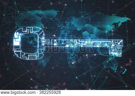 Glowing Digital Key And World Map Hologram. Safety And Protection Concept. 3d Rendering