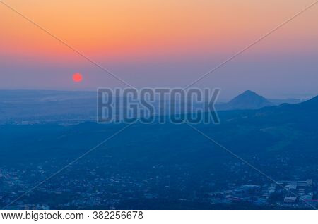 View Of The City Of Pyatigorsk From The Top Of Mashuk Mountain At Sunset. Stavropol Territory Of The