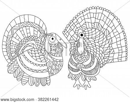 Two Funny Turkey Bird Coloring Page Stock Vector Illustration. American Fall Traditional Holiday Col