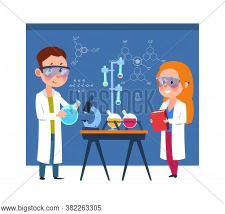 Young Chemists. Children Put Chemical Experiments, Girl Boy Wear White Coats And Using Medical Equip