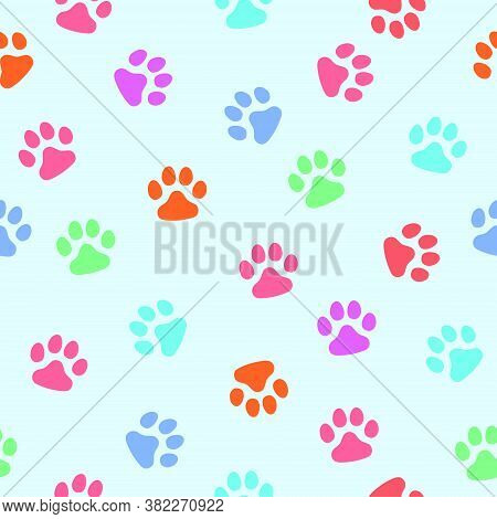 Vector, Seamless Pattern. Abstraction, Multi-colored Traces Of Paws Of A Cat, A Dog On A Light Blue 