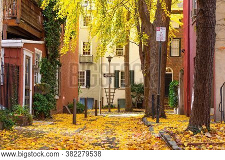 Autumn alleyway in a traditional neighborhood in Philadelphia, Pennsylvania, USA.
