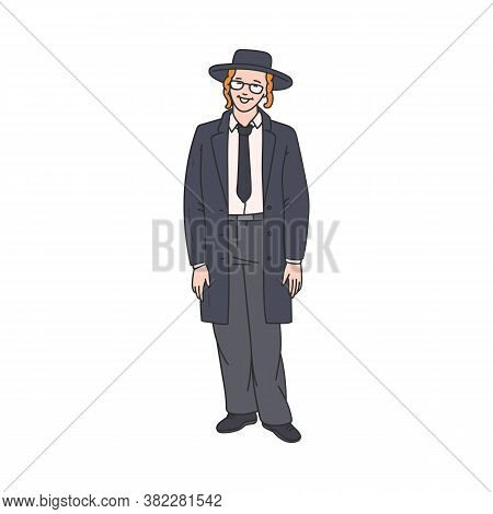 Orthodox Jewish Man Cartoon Character In Hat Sketch Vector Illustration Isolated.