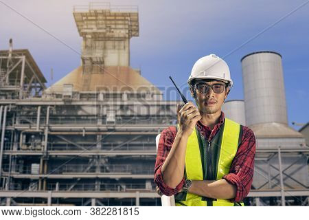 Portrait Engineer Construction Working In Cogeneration Electrical Plant. Asian Man Engineer Contract