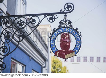 Viborg, Denmark, July 2018: Sign Of Typography Clemens In Denmark