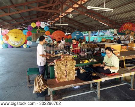 Bor Sang, Chiang Mai, Thailand, December 22, 2018: Craftsmen Prepare Materials To Make Fans At Bor S