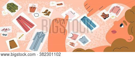 Female Fashion Stylist Choose Pictures With Clothing Or Collect Sets Of Clothes Vector Flat Illustra