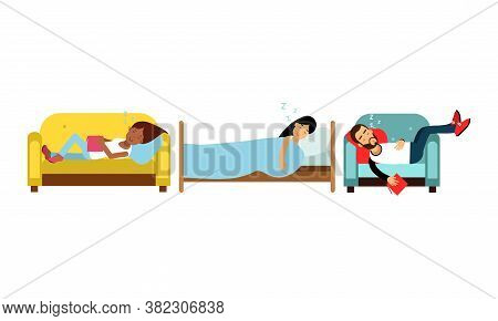 People Characters Fallen Asleep On Couch While Reading Vector Illustration Set