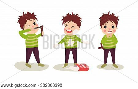 Naughty Boy Catapulting And Staining With Flour Vector Illustration Set