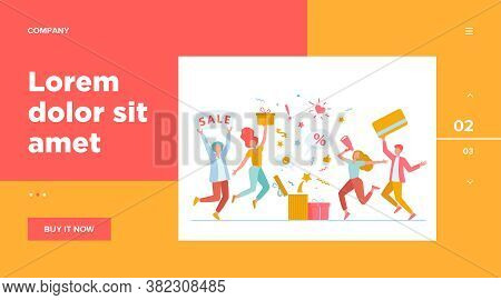 Customers Celebrating Sale. People Holding Gift, Credit Card, Loudspeaker, Dancing, Having Fun. Vect