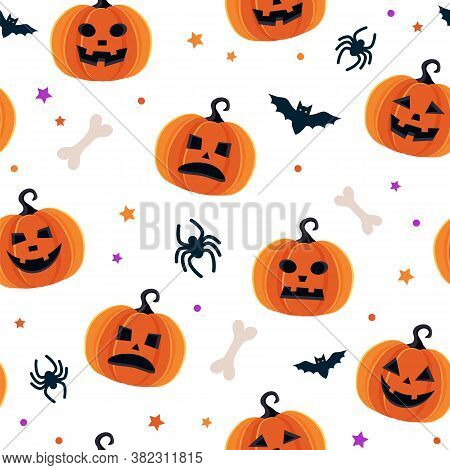 Halloween Pattern With Different Pumpkins, Spooky Jack O Lantern, Spiders And Bats