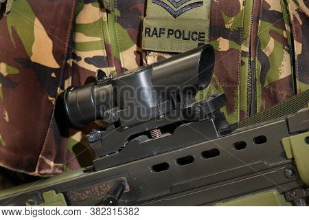 Detail Of Telescopic Sight On British Sa80 Service Bullpup Assault Rifle.