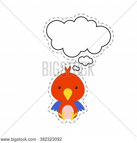 Cute Cartoon Parrot With Speech Bubble Sticker. Kawaii Character On White Background. Cartoon Sittin
