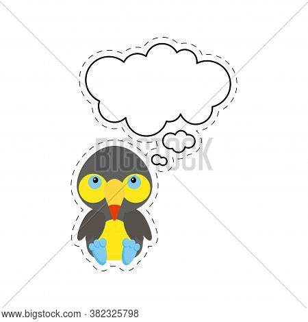 Cute Cartoon Toucan With Speech Bubble Sticker. Kawaii Character On White Background. Cartoon Sittin
