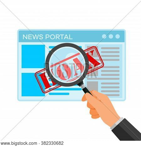 Vector Illustration Of Internet User Using A Magnifying Glass To Detect Fake News. Perfect For Backg