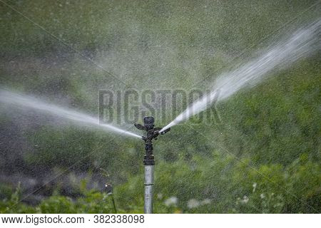 Sprinker Irrigation System Spraying Water On Field - Close Up
