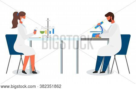 Laboratory Workers Making Experiments. Scientist Man With Mircoscope. Woman Researcher Exploring Fla