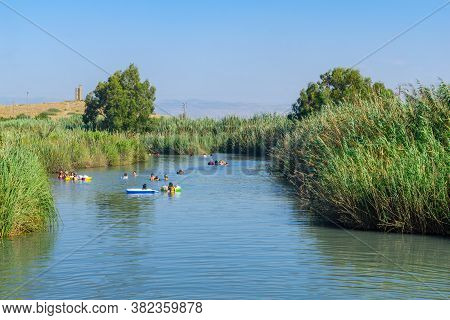 Nir David, Israel - August 23, 2020: View Of Nahal Hakibutzim, With Visitors, In The Spring Valley P