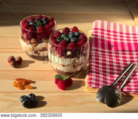 Triffle Dessert In A Glass. Berry Nut Ingredients, For The Preparation Of A Vitamin Dessert. Honey B