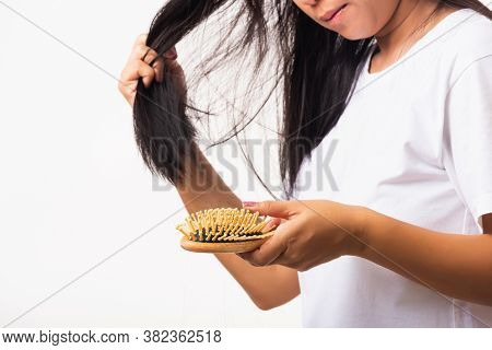 Asian Woman Unhappy Weak Hair Her Hold Hairbrush With Damaged Long Loss Hair In The Comb Brush On Ha