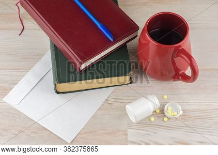 Ensuring Good Employee: A Pack Of Tablets Of Ephedrine, Cup Of Strong Coffee. Nearby Are The Envelop