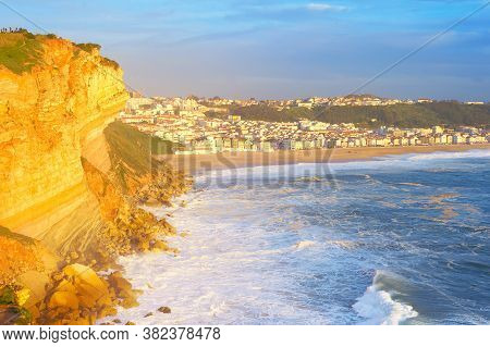 Sunset View Of Nazare Town - Famous Tourist Destinaton. Portugal
